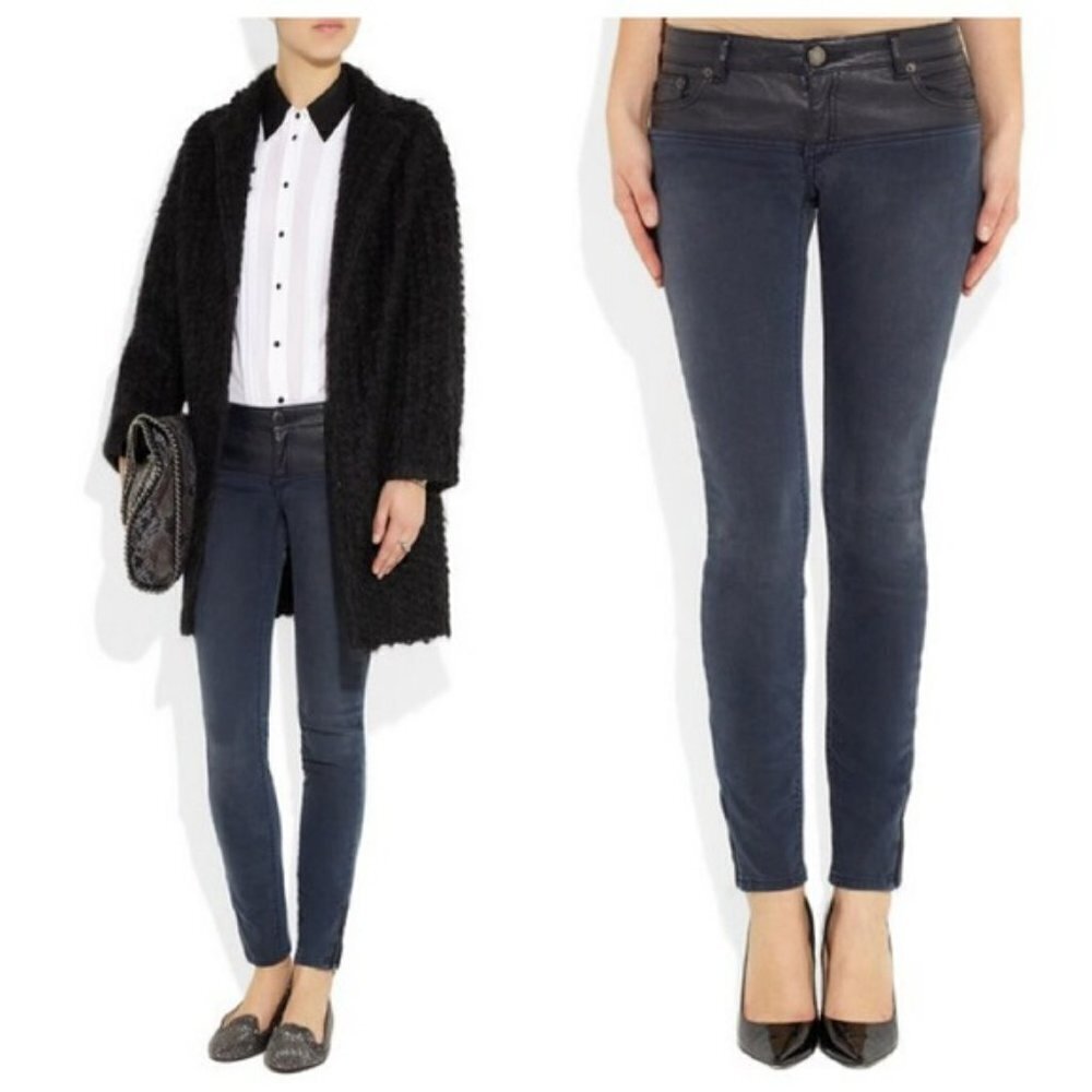 NWT Maje Romuald Black Faux Leather-Paneled Skinny Jeans Mid Rise Moto 4